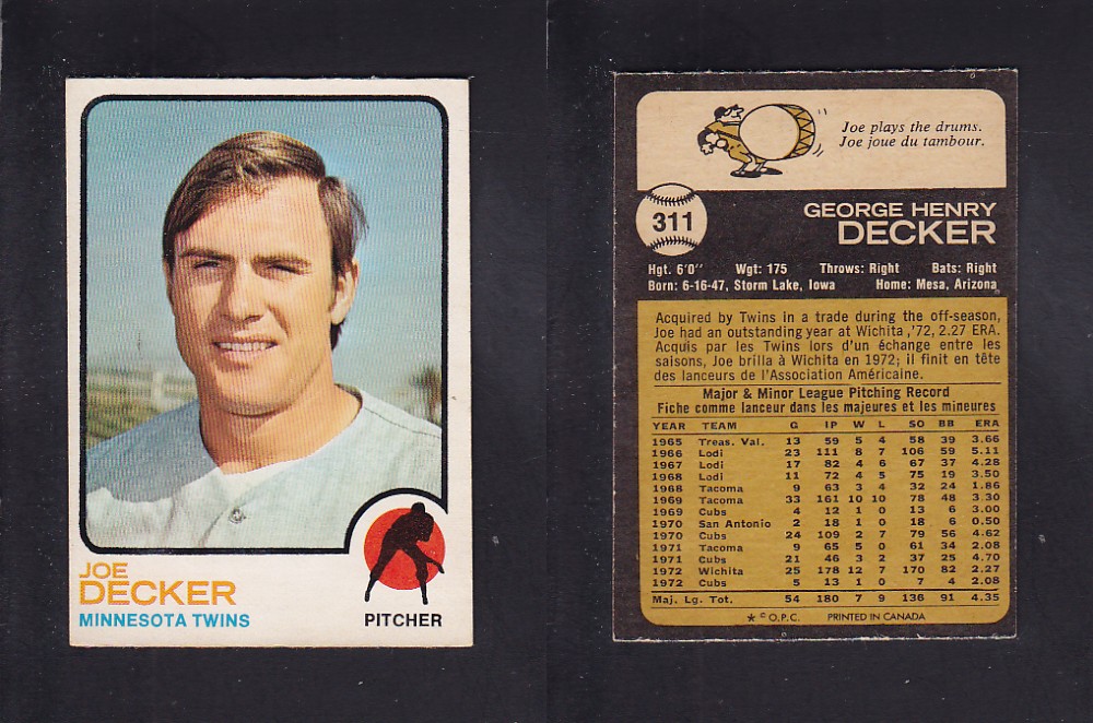 1973 O-PEE-CHEE BASEBALL CARD #311 J. DECKER photo