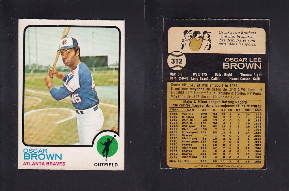 1973 O-PEE-CHEE BASEBALL CARD #312 O. BROWN photo