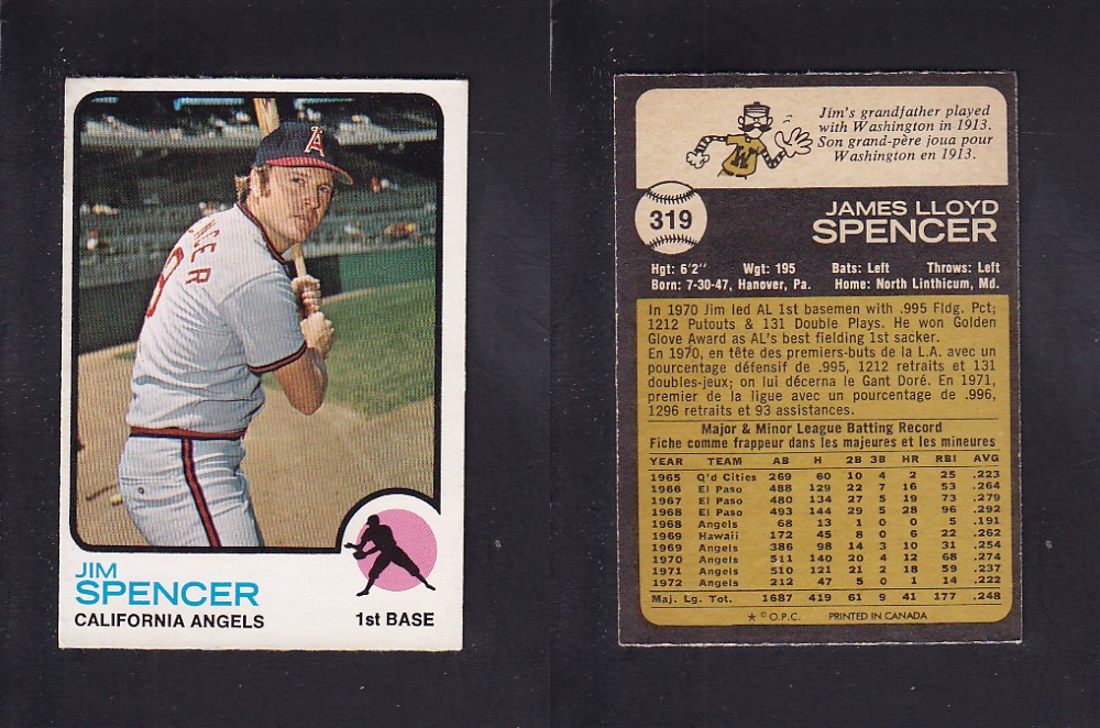 1973 O-PEE-CHEE BASEBALL CARD #319 J. SPENCER photo