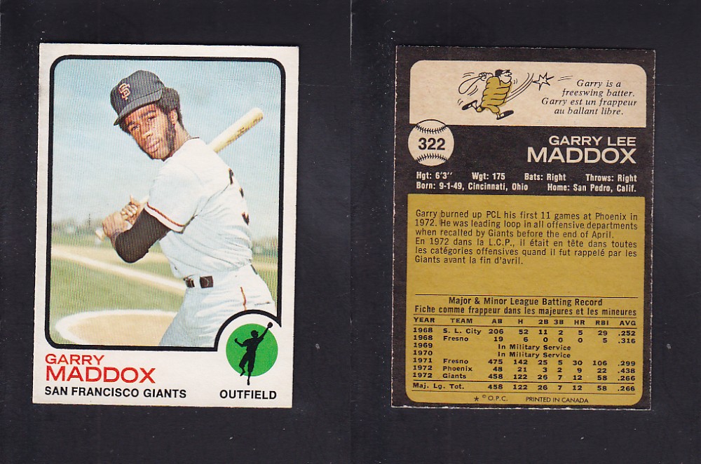 1973 O-PEE-CHEE BASEBALL CARD #322 G. MADDOX photo