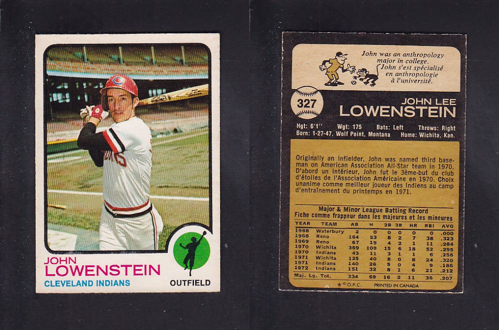 1973 O-PEE-CHEE BASEBALL CARD #327 J. LOWENSTEIN photo