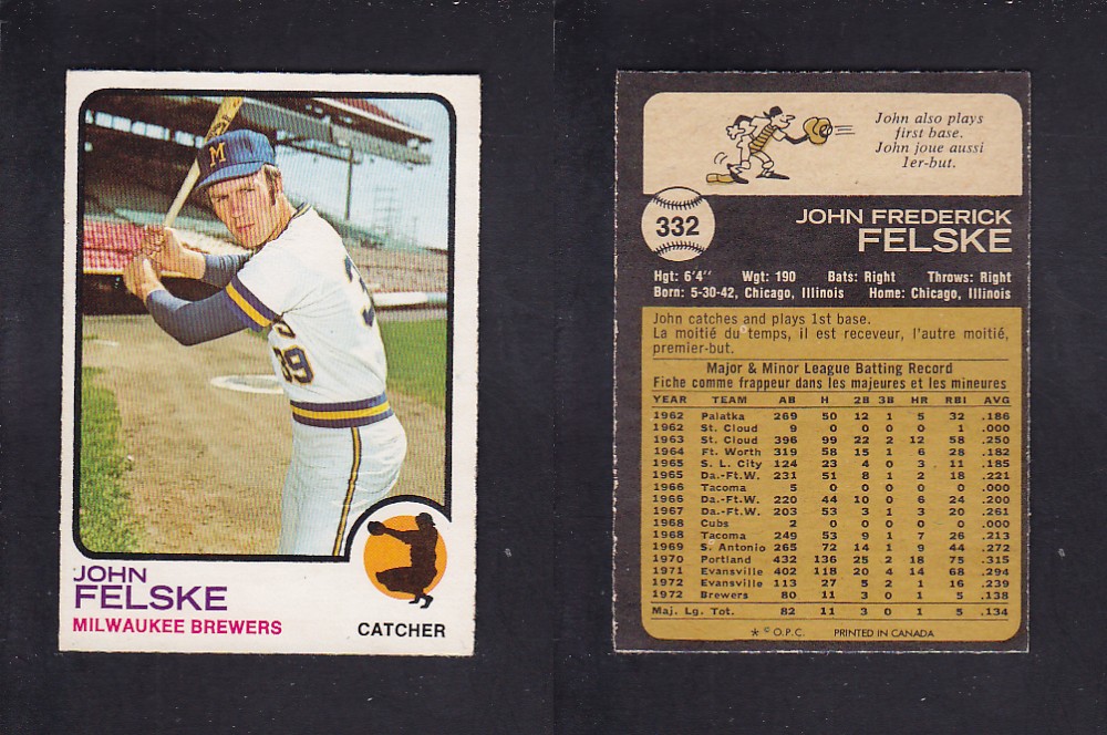 1973 O-PEE-CHEE BASEBALL CARD #332 J. FELSKE photo