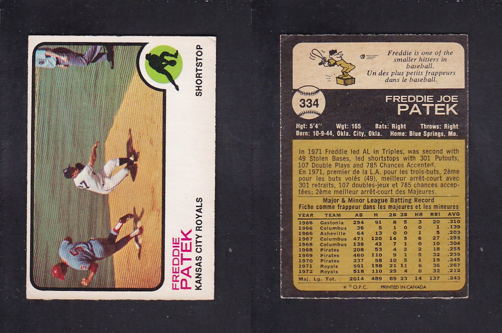 1973 O-PEE-CHEE BASEBALL CARD #334 F. PATEK photo