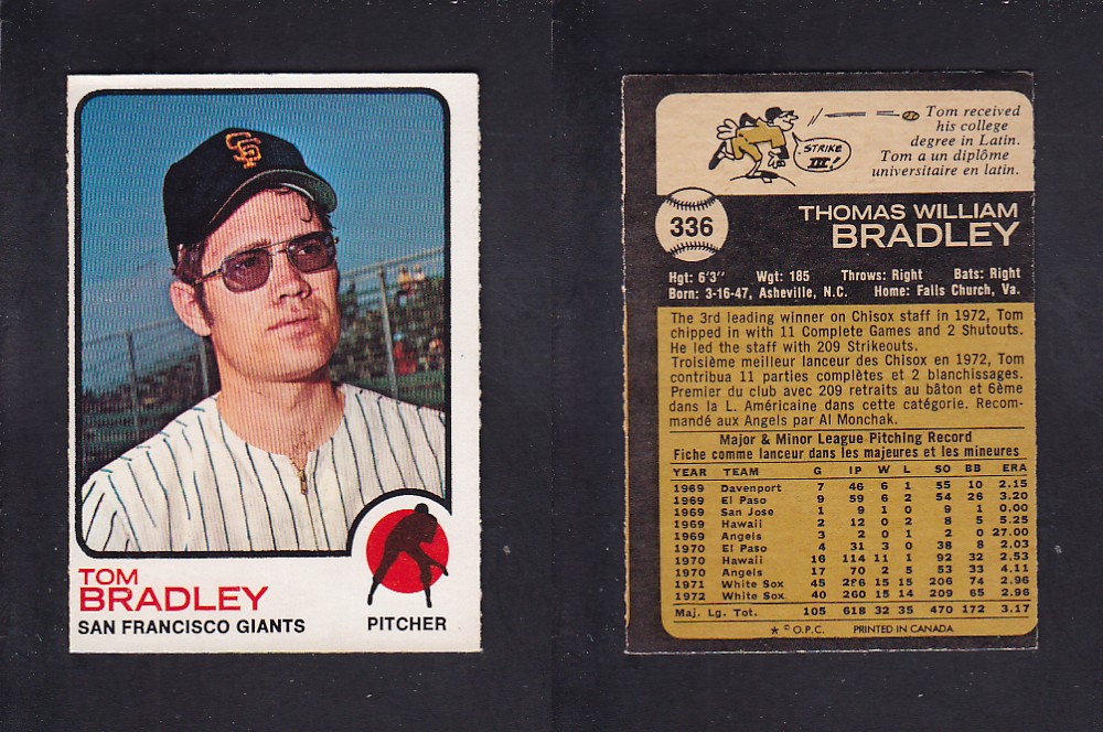 1973 O-PEE-CHEE BASEBALL CARD #336 T. BRADLEY photo