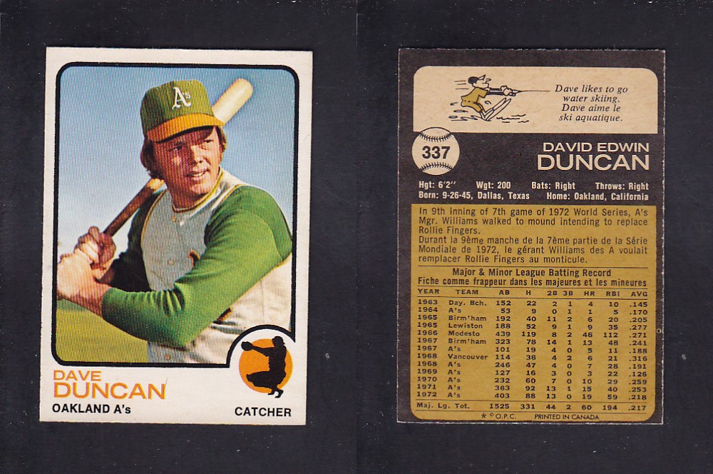 1973 O-PEE-CHEE BASEBALL CARD #337 D. DUNCAN photo