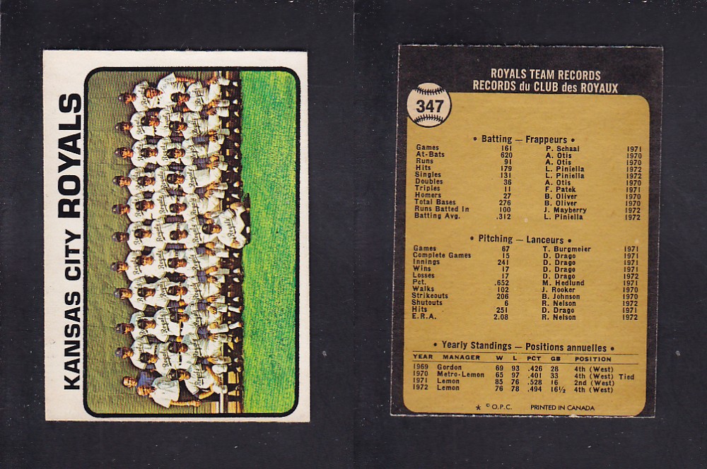 1973 O-PEE-CHEE BASEBALL CARD #347 KANSAS CITY ROYALS photo