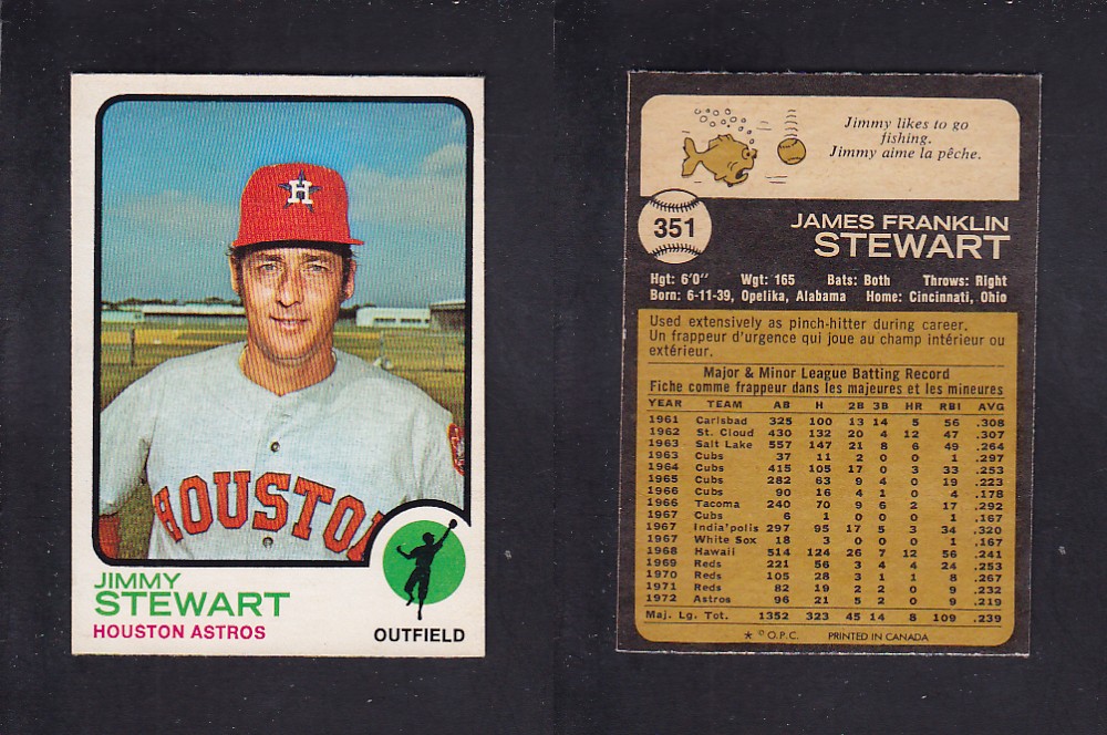 1973 O-PEE-CHEE BASEBALL CARD #351 J. STEWART photo