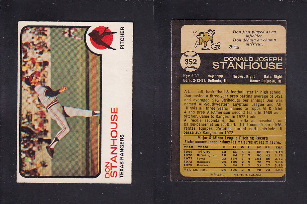 1973 O-PEE-CHEE BASEBALL CARD #352 D. STANHOUSE photo