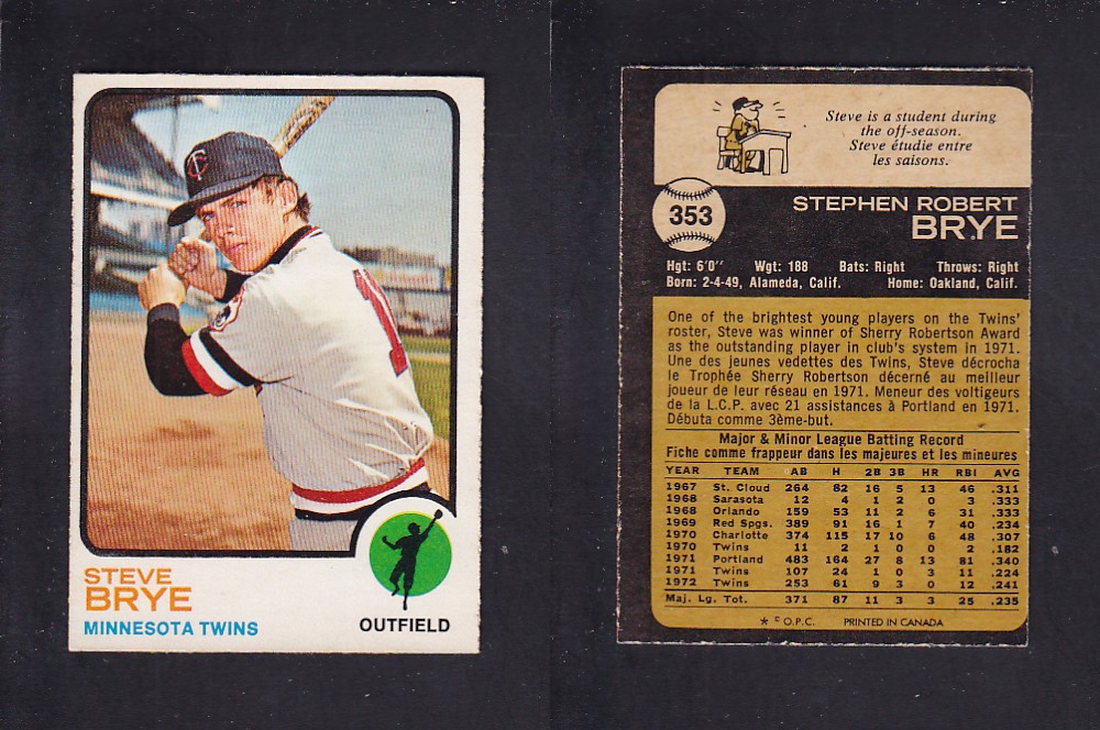 1973 O-PEE-CHEE BASEBALL CARD #353 S. BRYE photo