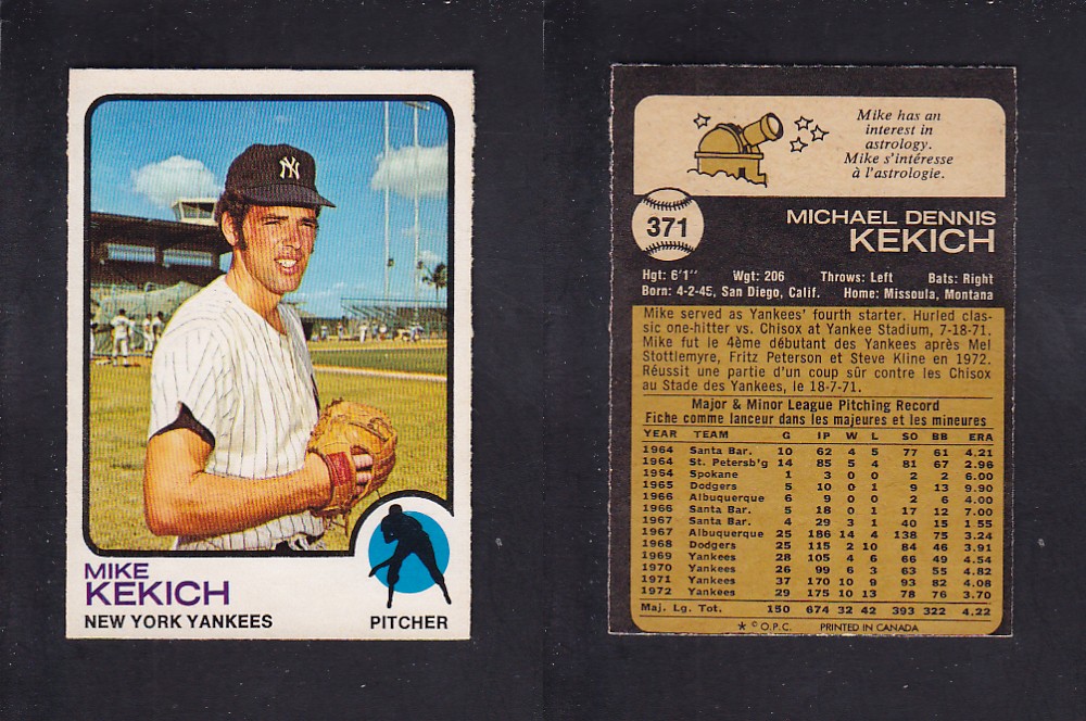 1973 O-PEE-CHEE BASEBALL CARD #371 M. KEKICH photo