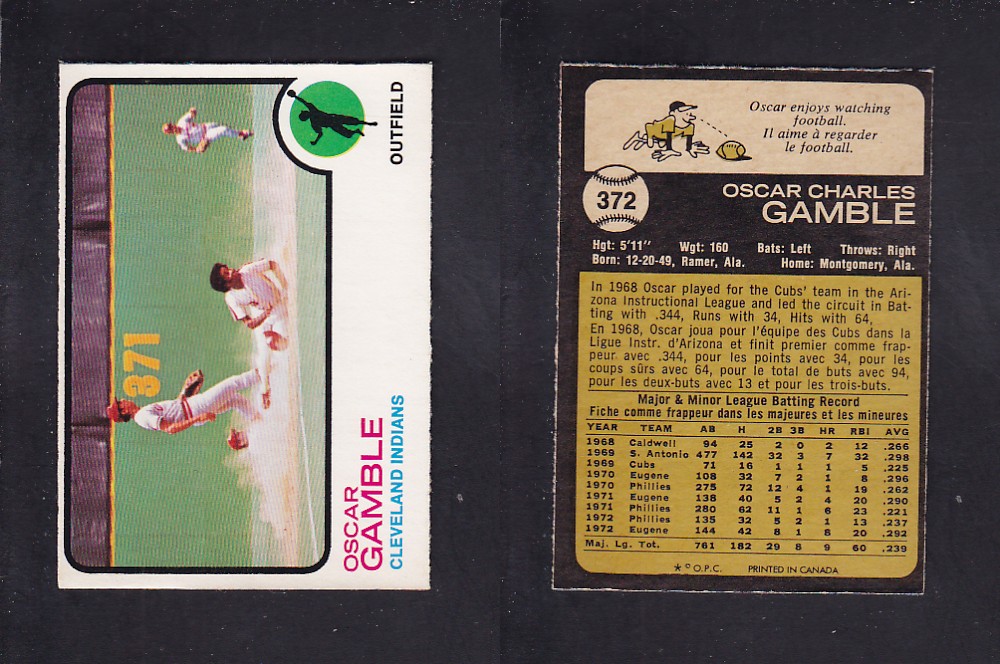 1973 O-PEE-CHEE BASEBALL CARD #372 O. GAMBLE photo