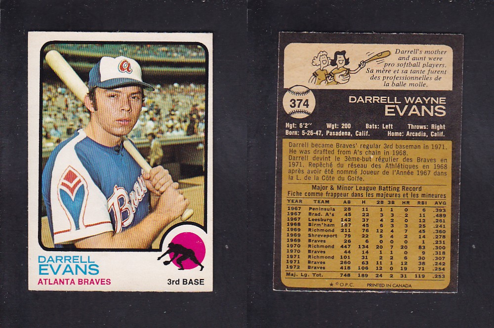 1973 O-PEE-CHEE BASEBALL CARD #374 D. EVANS photo