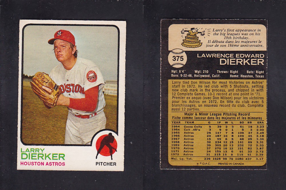 1973 O-PEE-CHEE BASEBALL CARD #375 L. DIERKER photo