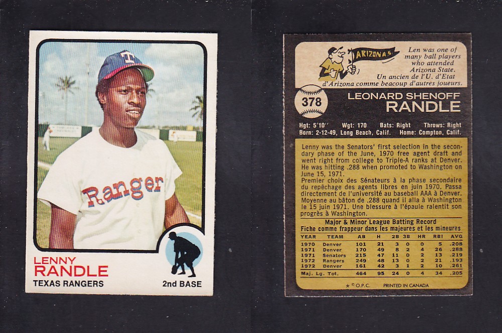 1973 O-PEE-CHEE BASEBALL CARD #378 L. RANDLE photo