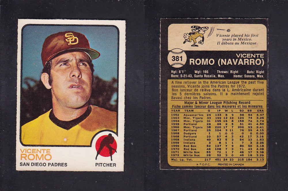 1973 O-PEE-CHEE BASEBALL CARD #381 V. ROMO photo