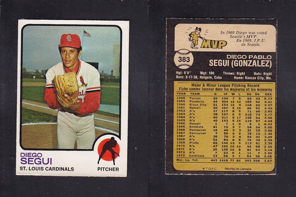 1973 O-PEE-CHEE BASEBALL CARD #383 D. SEGUI photo