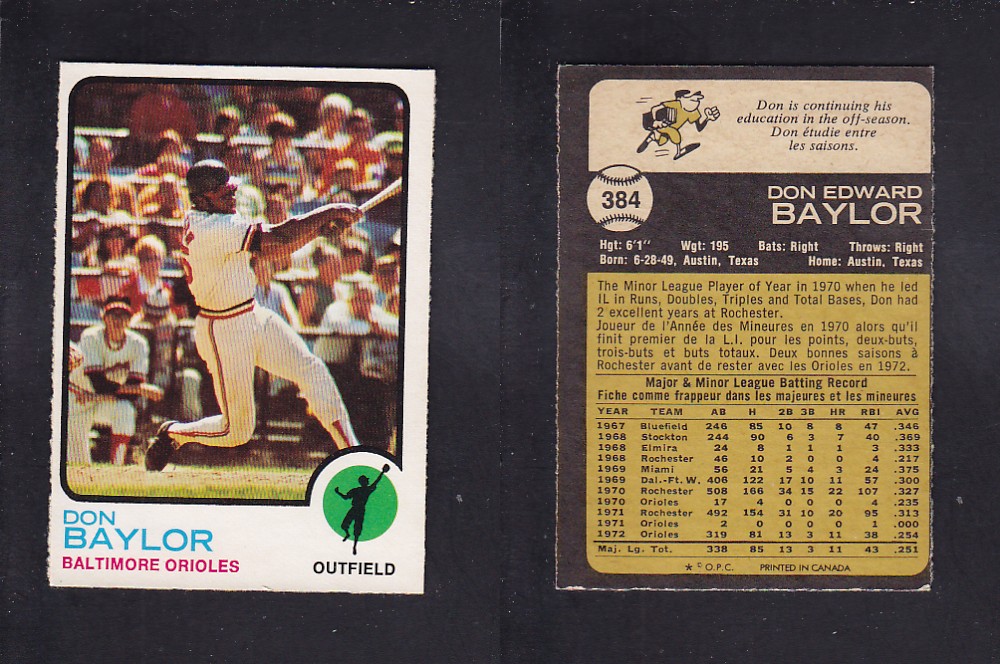 1973 O-PEE-CHEE BASEBALL CARD #384 D. BAYLOR photo