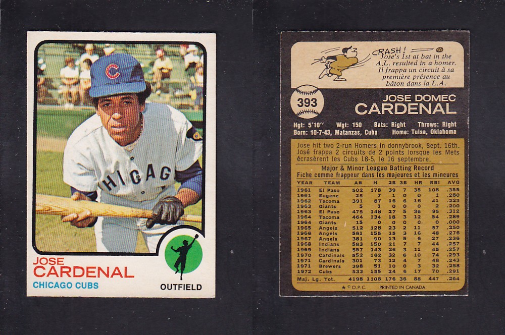 1973 O-PEE-CHEE BASEBALL CARD #393 J. CARDENAL photo