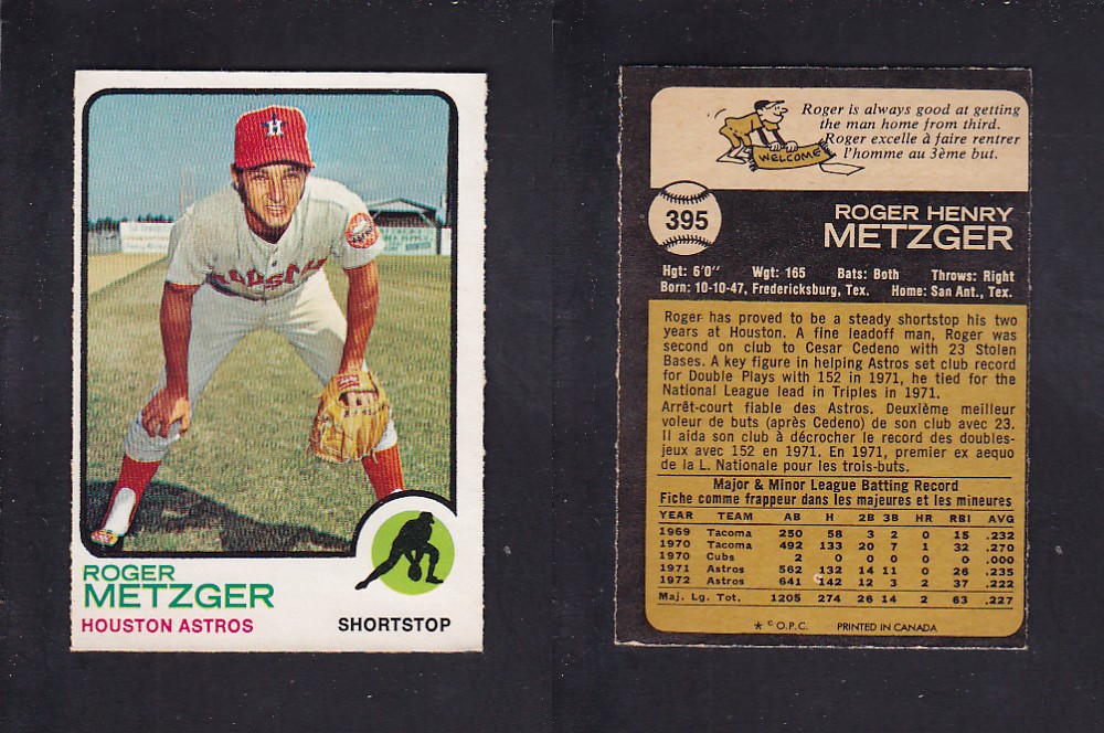 1973 O-PEE-CHEE BASEBALL CARD #395 R. METZGER photo