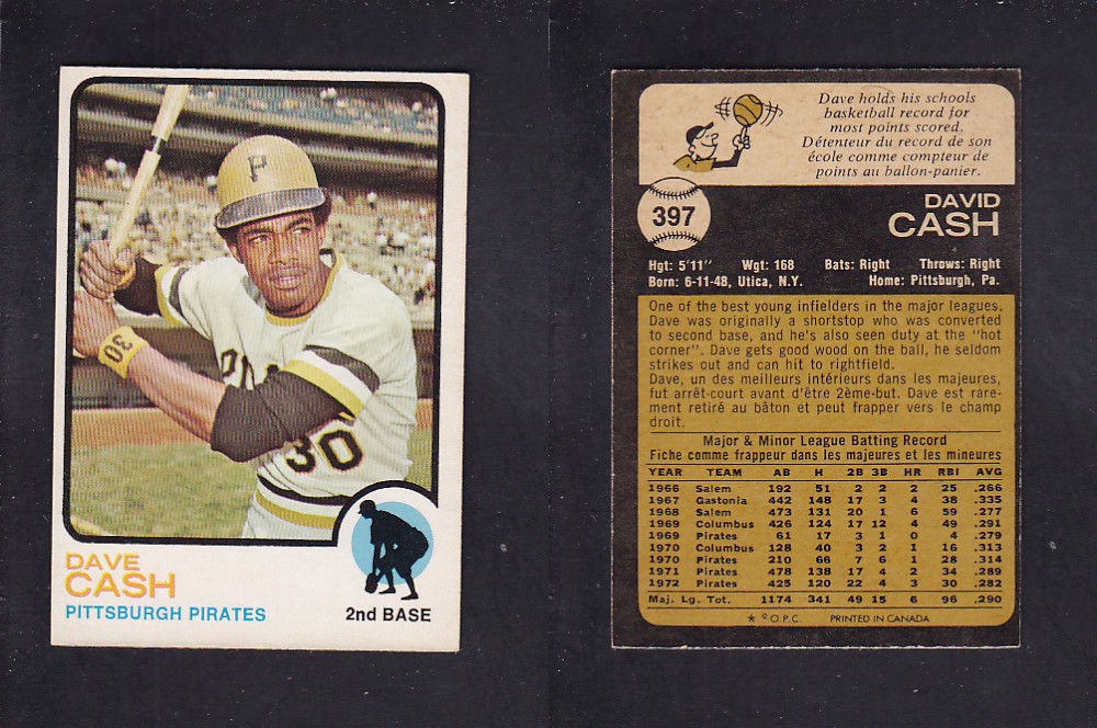 1973 O-PEE-CHEE BASEBALL CARD #397 D. CASH photo