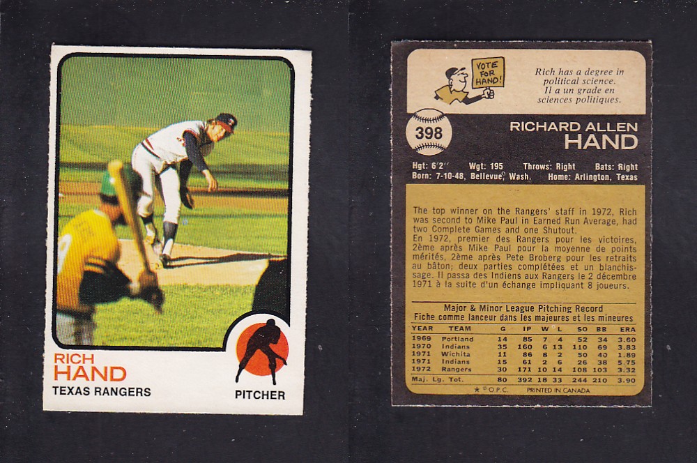 1973 O-PEE-CHEE BASEBALL CARD #398 R. HAND photo