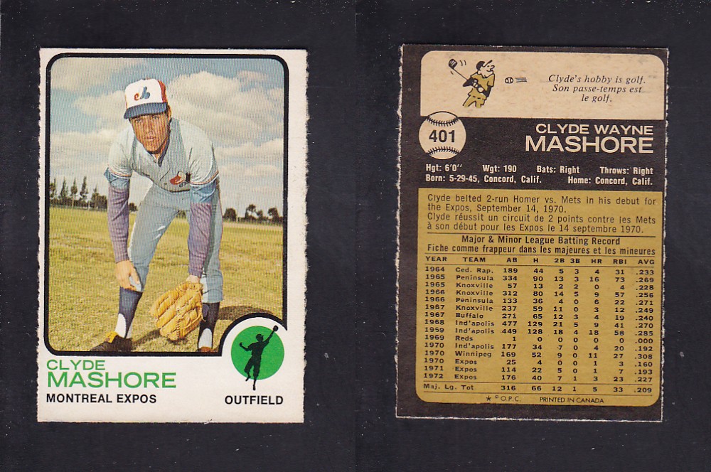 1973 O-PEE-CHEE BASEBALL CARD #401 C. MASHORE photo