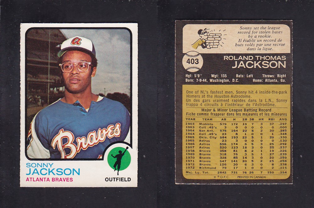 1973 O-PEE-CHEE BASEBALL CARD #403 S. JACKSON photo