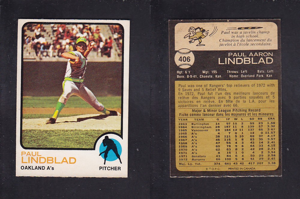 1973 O-PEE-CHEE BASEBALL CARD #406 P. LINDBLAD photo