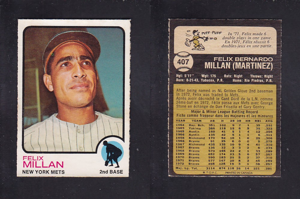 1973 O-PEE-CHEE BASEBALL CARD #407 F. MILLAN photo