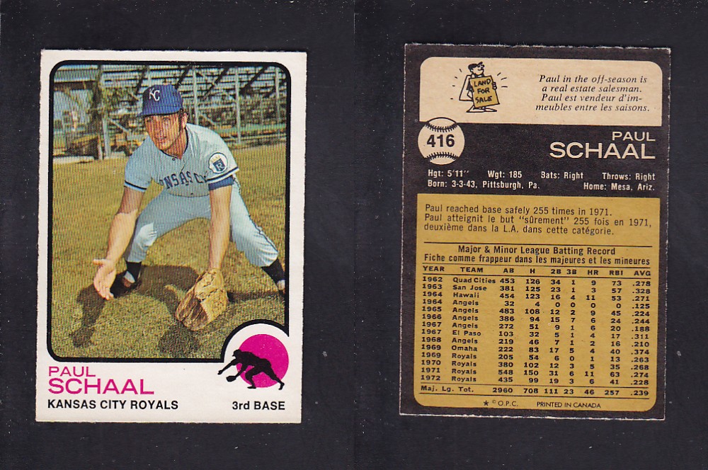 1973 O-PEE-CHEE BASEBALL CARD #416 P. SCHAAL photo