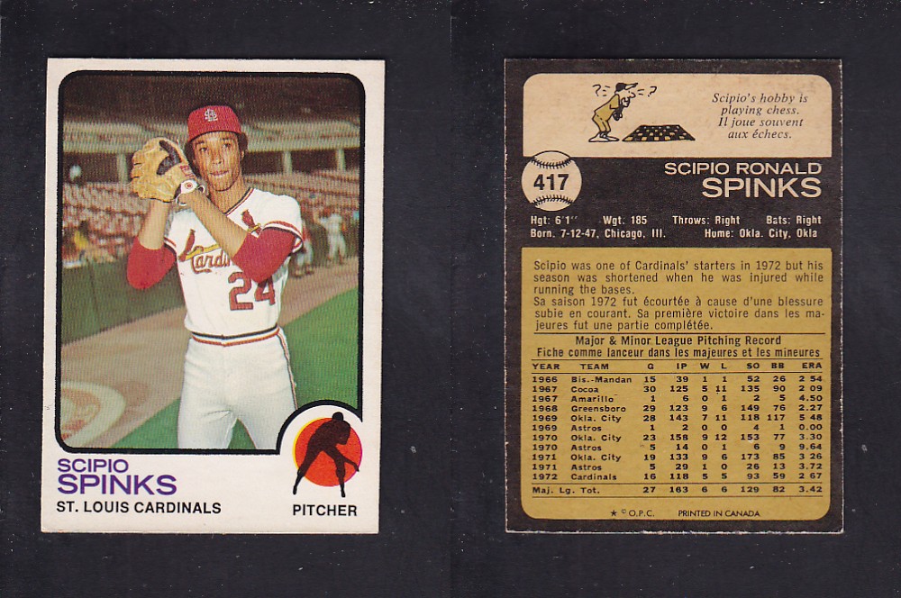 1973 O-PEE-CHEE BASEBALL CARD #417 S. SPINKS photo