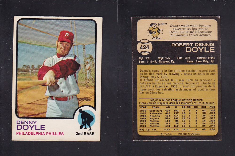 1973 O-PEE-CHEE BASEBALL CARD #424 D. DOYLE photo