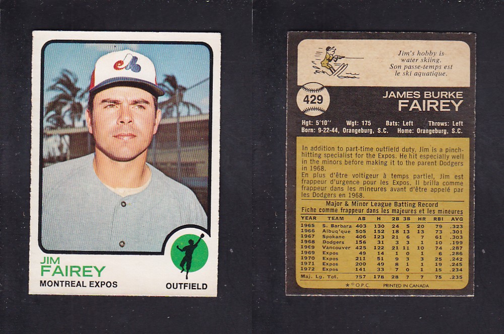 1973 O-PEE-CHEE BASEBALL CARD #429 J. FAIREY photo