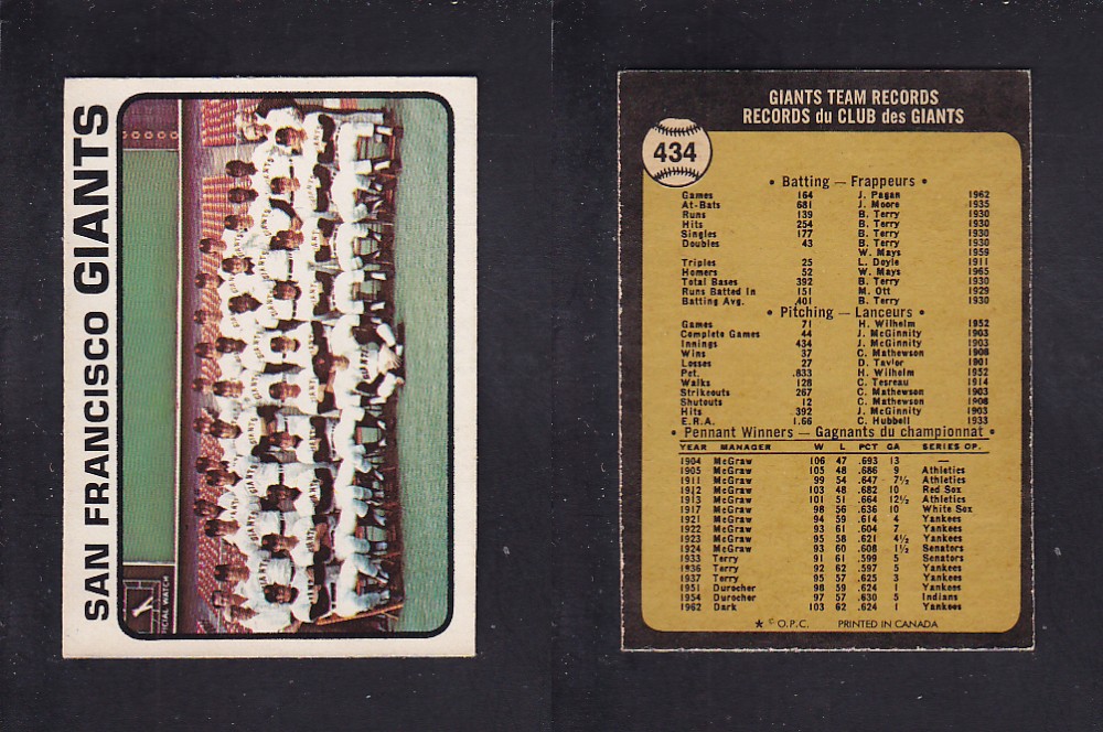 1973 O-PEE-CHEE BASEBALL CARD #434 SAN FRANCISCO GIANTS photo