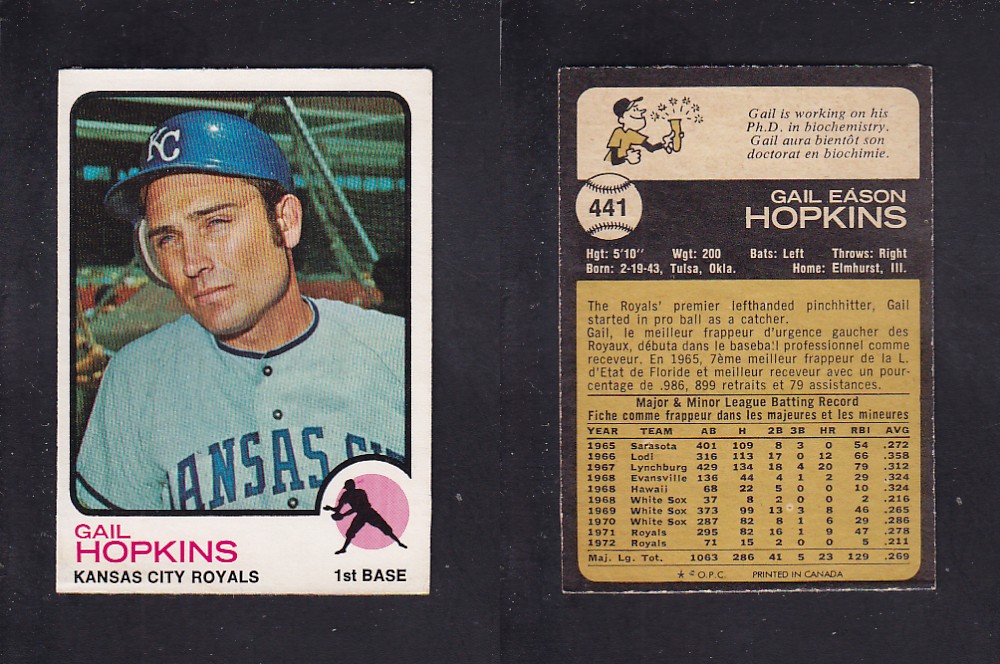 1973 O-PEE-CHEE BASEBALL CARD #441 G. HOPKINS photo