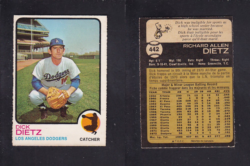 1973 O-PEE-CHEE BASEBALL CARD #442 D. DIETZ photo