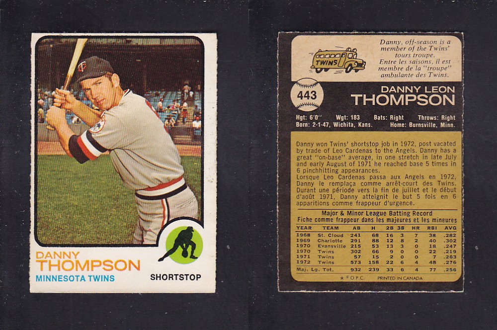 1973 O-PEE-CHEE BASEBALL CARD #443 D. THOMPSON photo