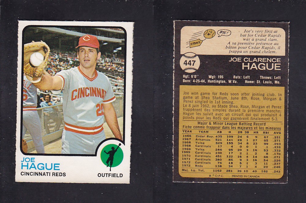 1973 O-PEE-CHEE BASEBALL CARD #447 J. HAGUE photo