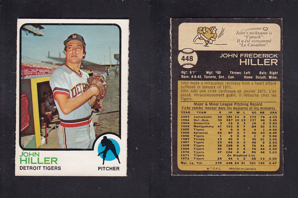 1973 O-PEE-CHEE BASEBALL CARD #448 J. HILLER photo