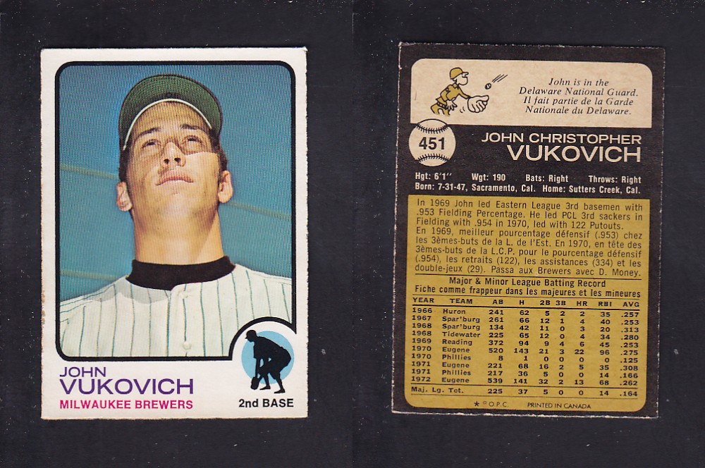 1973 O-PEE-CHEE BASEBALL CARD #451 J. VUKOVICH photo