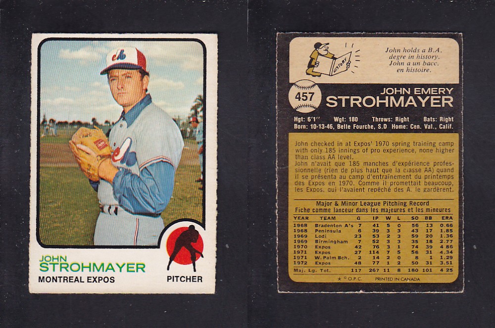 1973 O-PEE-CHEE BASEBALL CARD #457 J. STROHMAYER photo