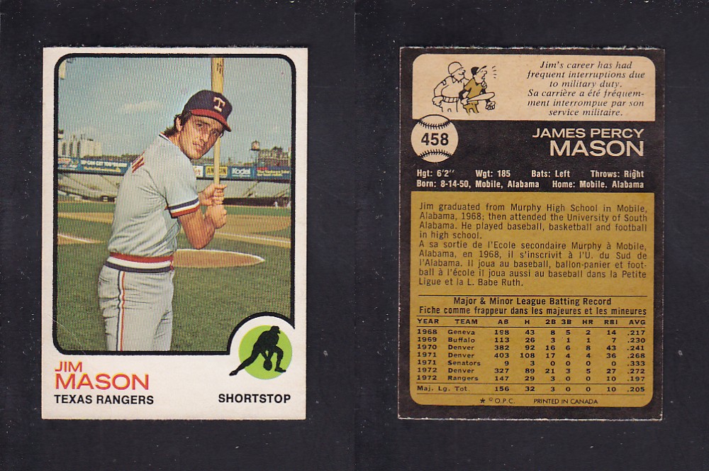 1973 O-PEE-CHEE BASEBALL CARD #458 J. MASON photo