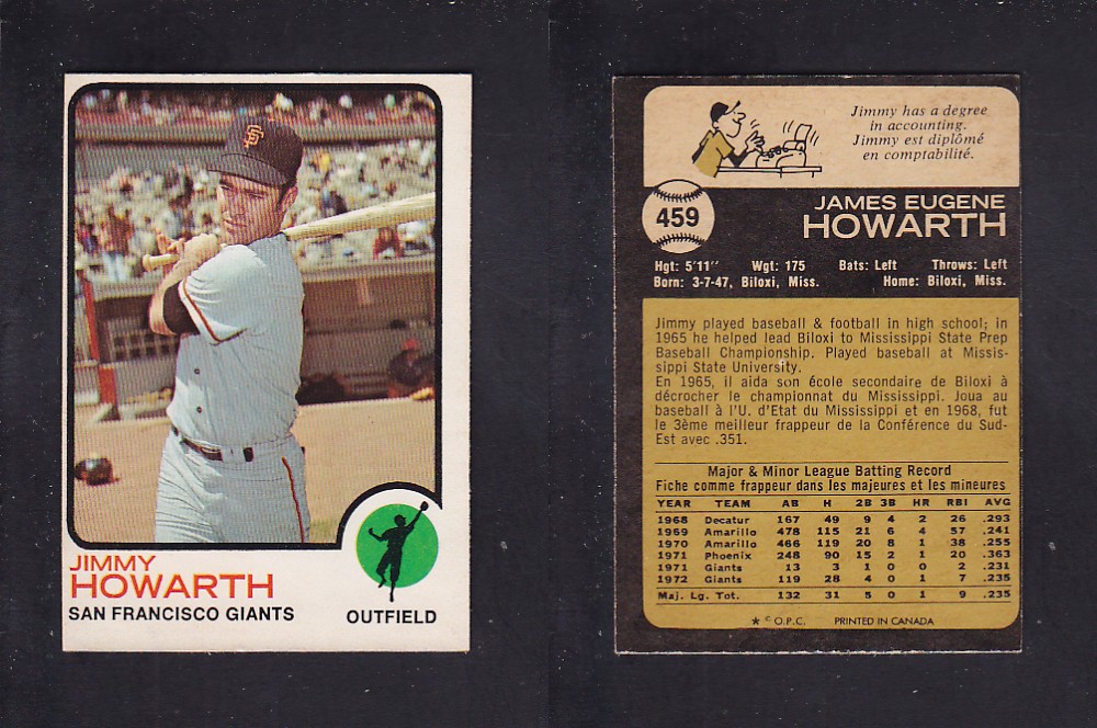 1973 O-PEE-CHEE BASEBALL CARD #459 J. HOWARTH photo