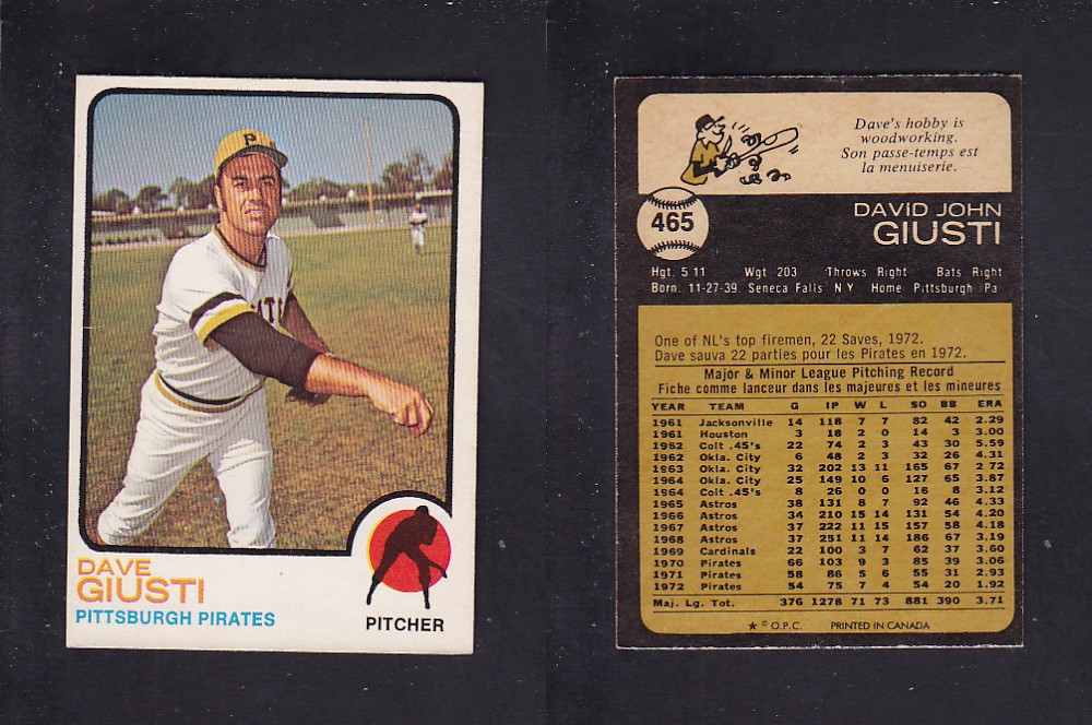 1973 O-PEE-CHEE BASEBALL CARD #465 D. GIUSTI photo