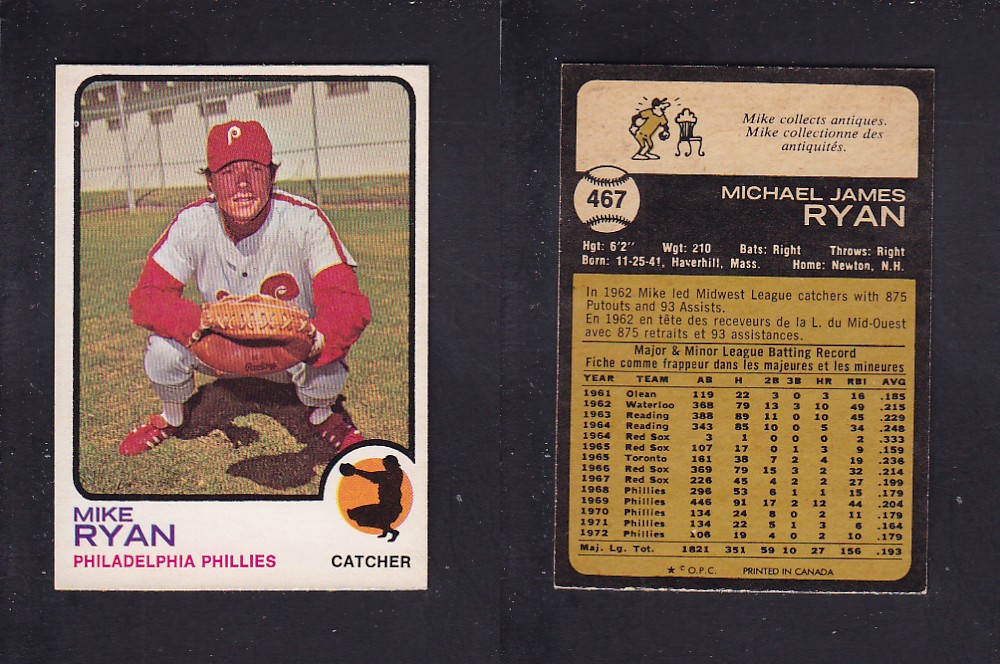 1973 O-PEE-CHEE BASEBALL CARD #467 M. RYAN photo