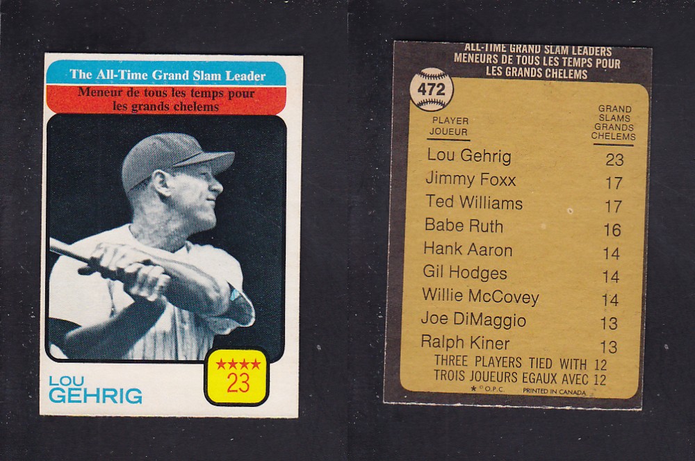 1973 O-PEE-CHEE BASEBALL CARD #472 ALL-TIME GRAND SLAM LEADERS photo