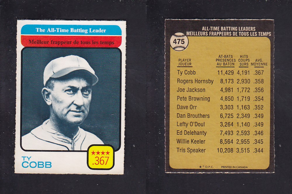 1973 O-PEE-CHEE BASEBALL CARD #475 ALL-TIME BATTING LEADERS photo