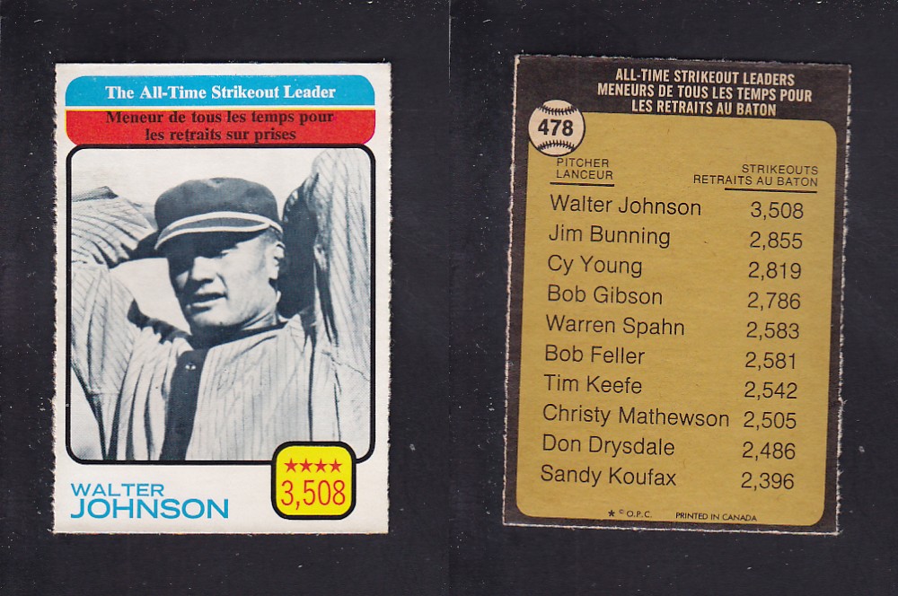 1973 O-PEE-CHEE BASEBALL CARD #478 ALL-TIME STRIKEOUT LEADERS photo