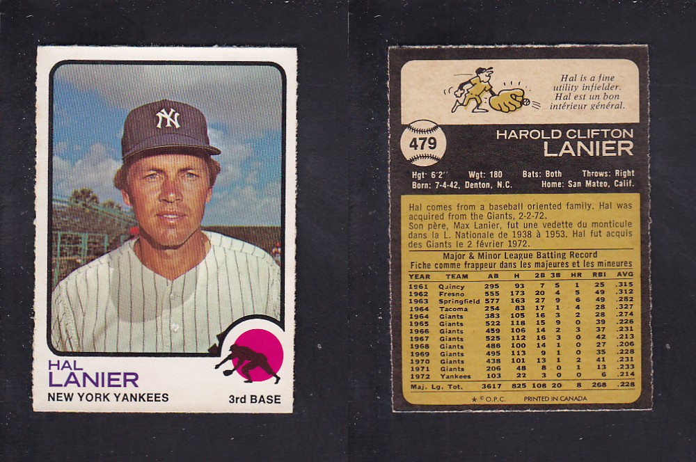 1973 O-PEE-CHEE BASEBALL CARD #479 H. LANIER photo