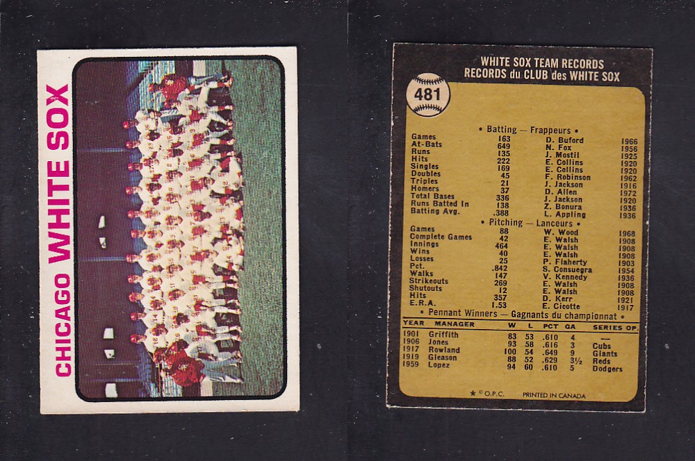 1973 O-PEE-CHEE BASEBALL CARD #481 CHICAGO WHITE SOX photo